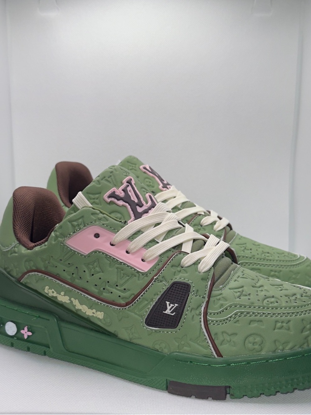 Louis Vuitton Olive Green and Pink Monogram Embossed Sneaker